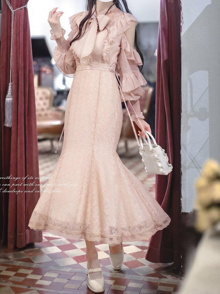 Sakura Pure with Blouse Elegant Kei Clean Cutout Aesthetic Shoulders Jirai Flounce Pink