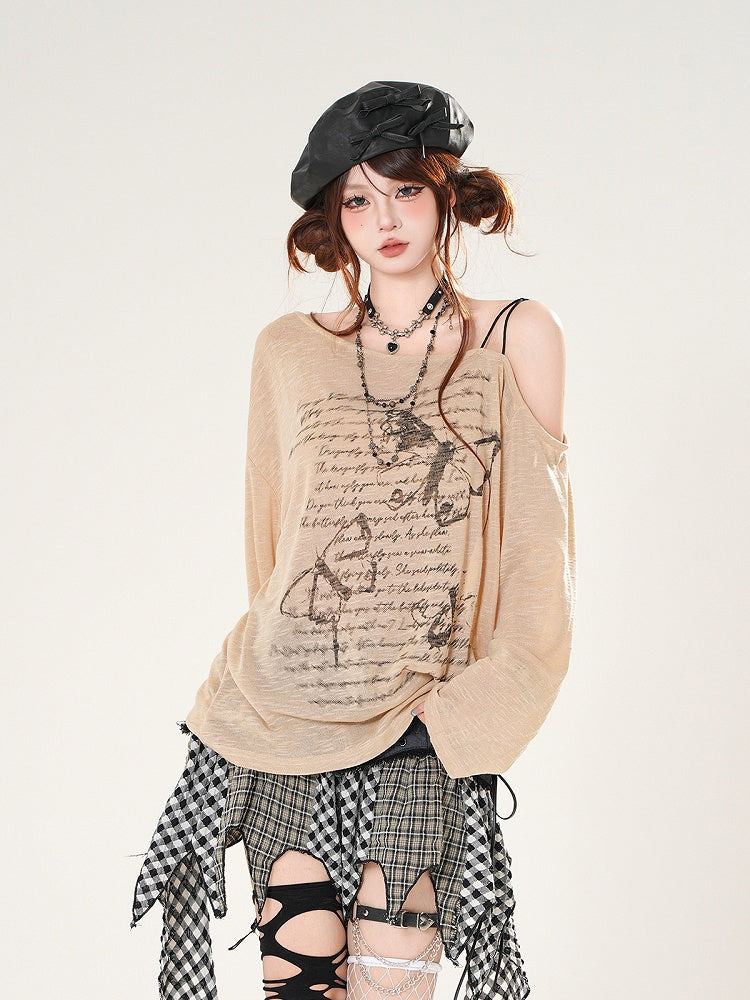 Butterfly Print Asymmetrical Neckline Khaki/White Coverup Semi-sheer