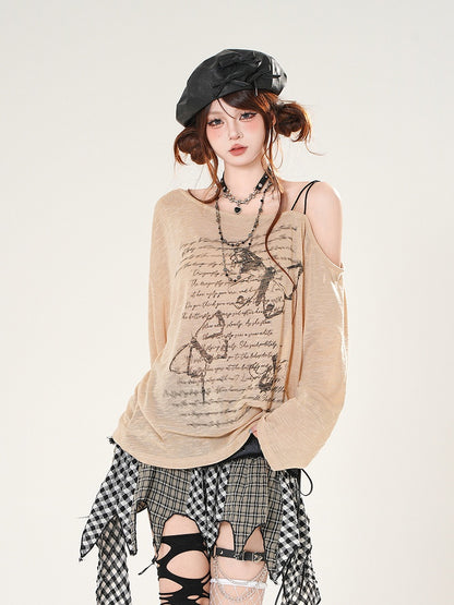 Butterfly Print Asymmetrical Neckline Khaki/White Coverup Semi-sheer