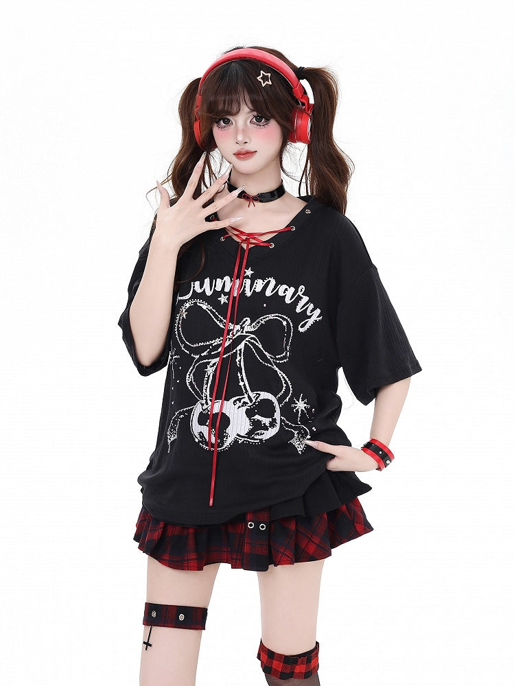 Print T-Shirt with V-Neck Lace-up Neckline Black/White Cherry Detail