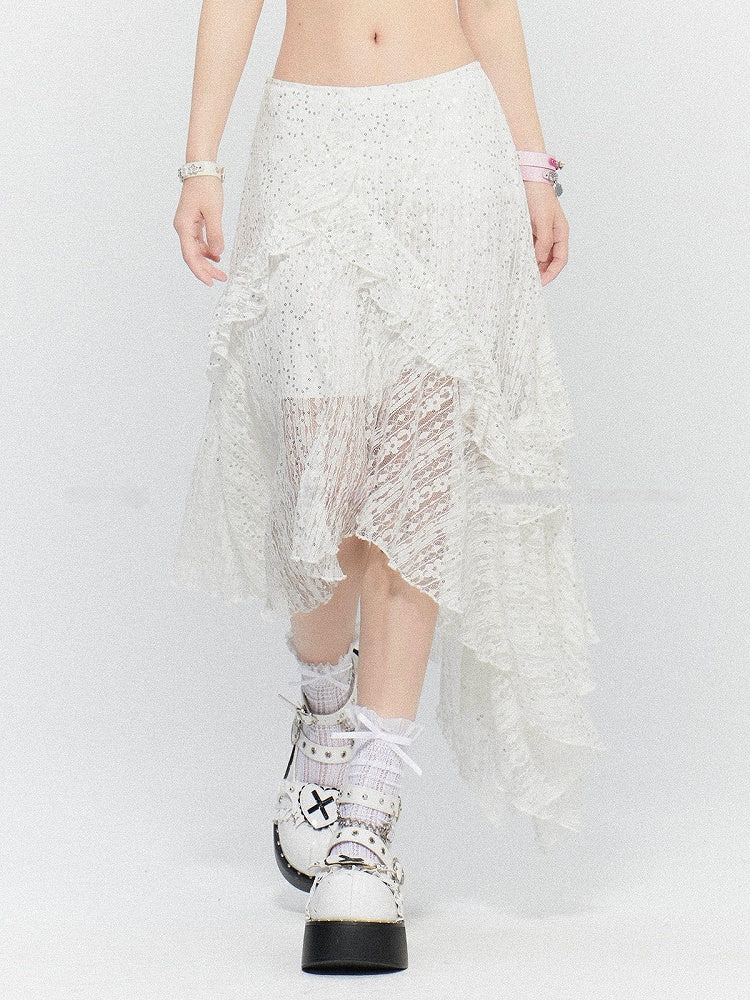 White Hem Skirt with Lace Tiered Sequin Details Asymmetric