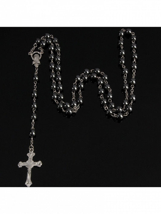 Beaded Black Gothic Cross Long Necklace