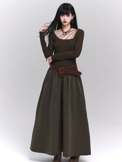 A-Line Maxi Eyelets Pockets with Coffee Dress Metallic Side Vintage