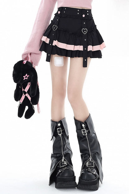 Black & Pink Ruffled Mini Skirt with Layered Tiers - CRAZY GIRL