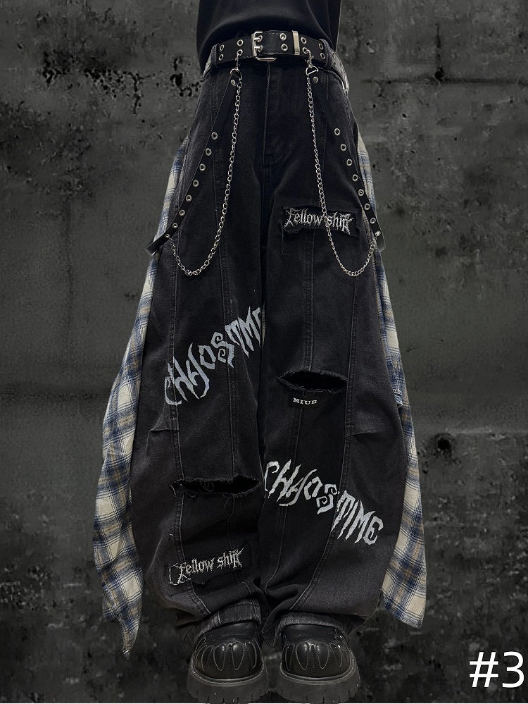 Letter Distressed Black Pattern Two-piece with Y2K Holes Jeans Wide-leg