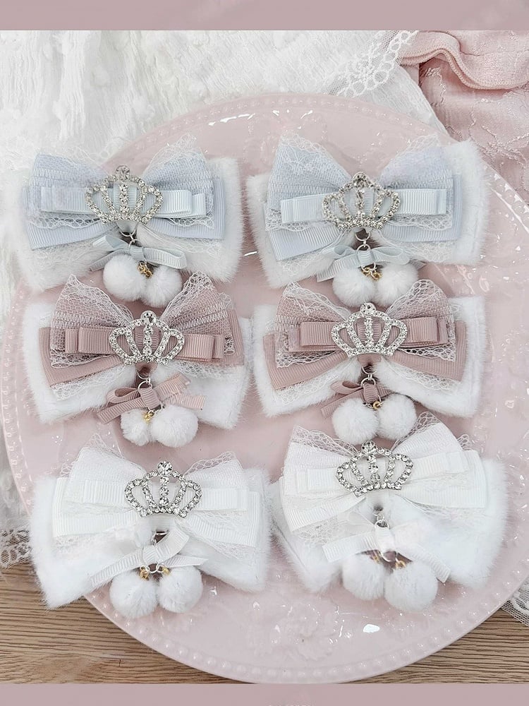 Clip Lace Crown with Kei Pom-Pom 4 Hair Accents Furry Colors Bow Jirai