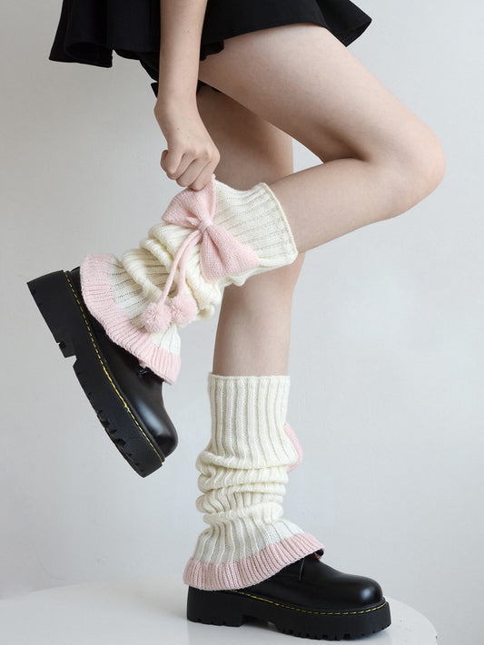 5 Colors Bowknot Ruffled Knitted Leg Warmers with Pom-Pom Decorations