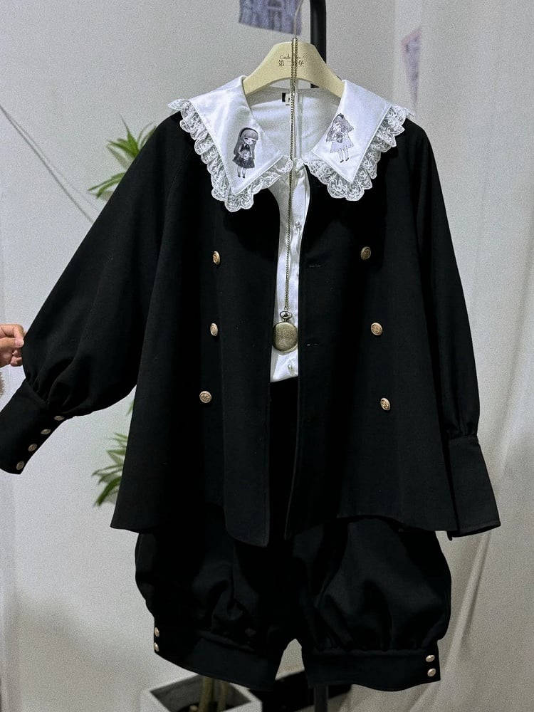 Schwarzes Ouji-Lolita-Outfit mit Hasenohren, Kragen hinten, langen Ärmeln, Oberteil und Knickerbocker-Shorts