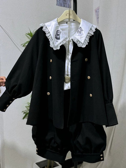 Schwarzes Ouji-Lolita-Outfit mit Hasenohren, Kragen hinten, langen Ärmeln, Oberteil und Knickerbocker-Shorts