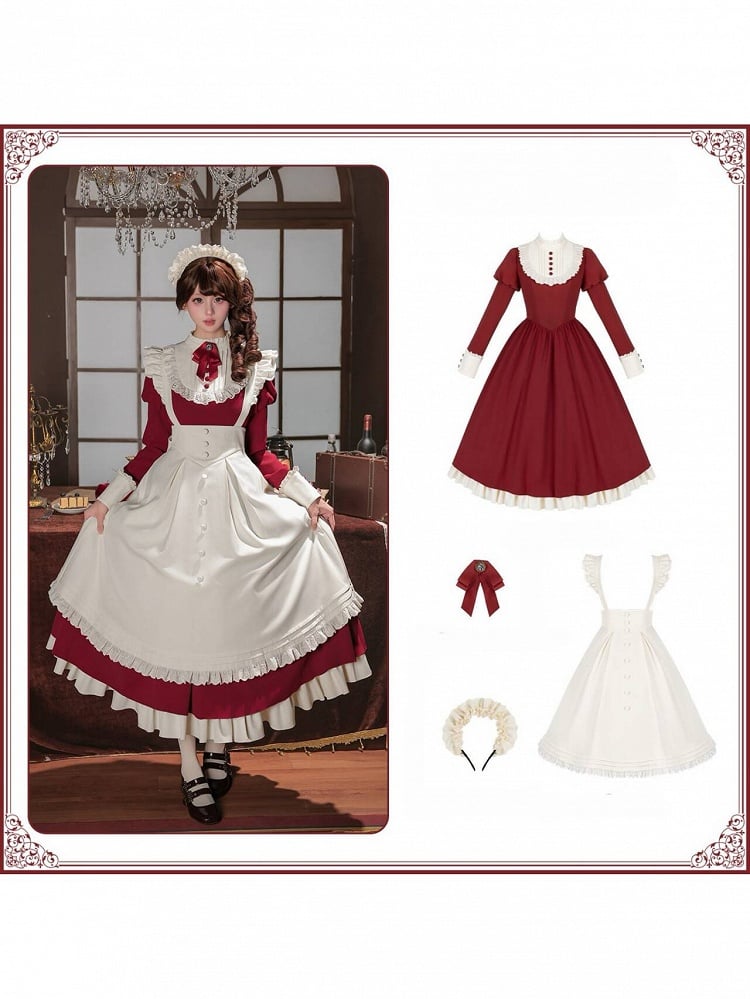 Elegant Red Lolita OP Dress Set with Stand Collar, Ruffle Sleeves, Bow Tie, KC & Apron - With PUJI
