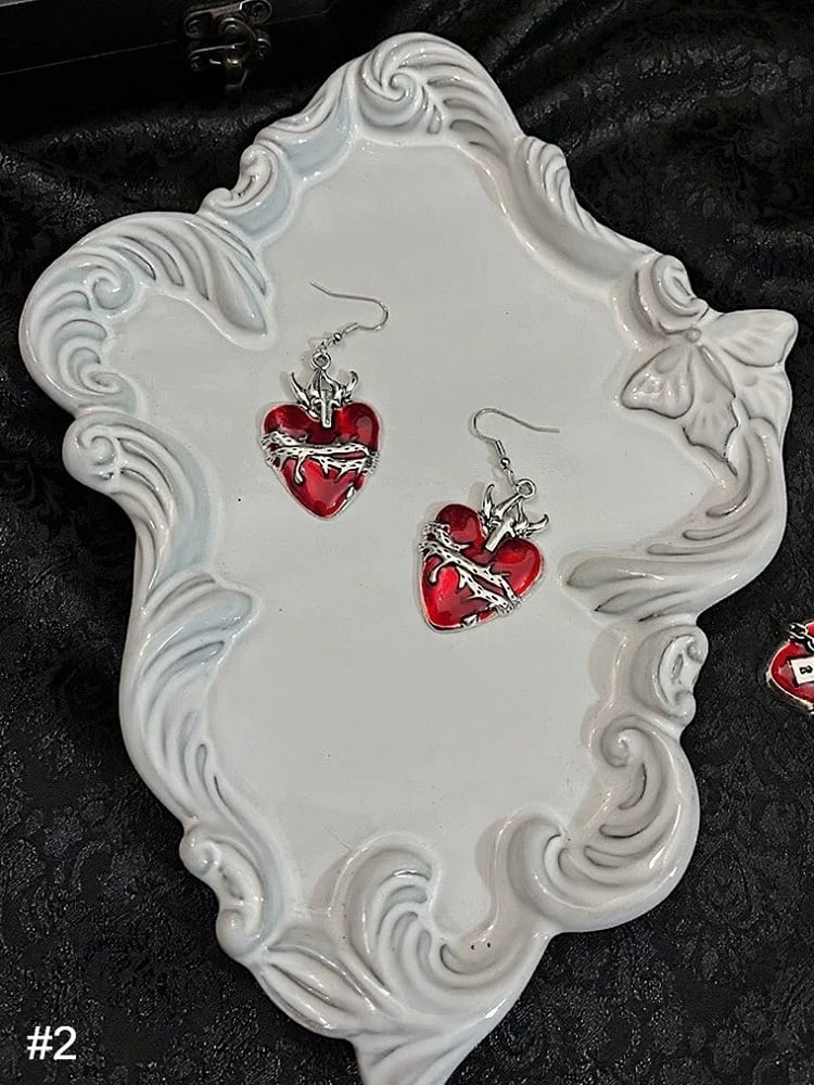 Gothic Red Heart Earrings Set of 3