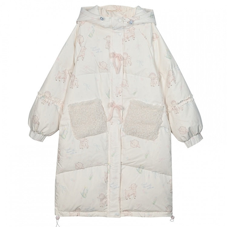 Süße weiße Daunenjacke mit Kapuze und Lamm-Print, kurze/lange Version