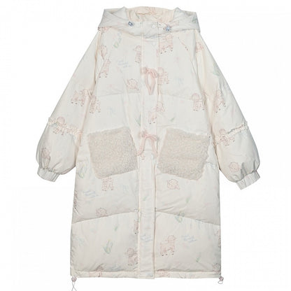 Süße weiße Daunenjacke mit Kapuze und Lamm-Print, kurze/lange Version