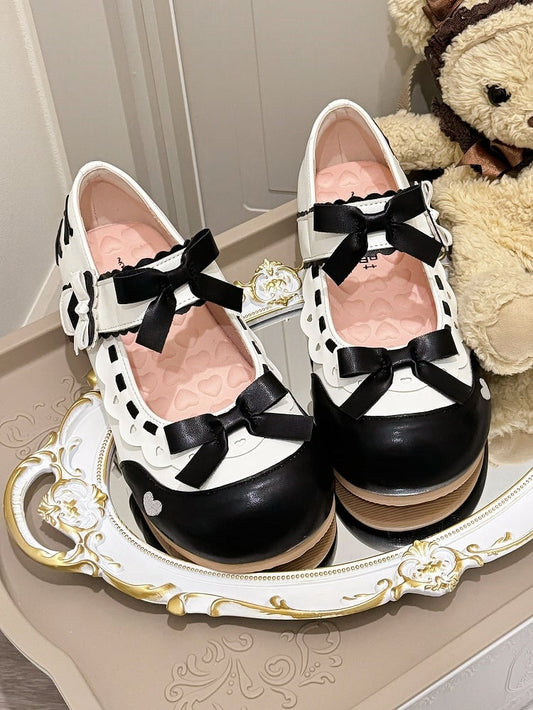 Sweet PU Hem Janes Leather Scalloped Flat with - Lolita Mary Black