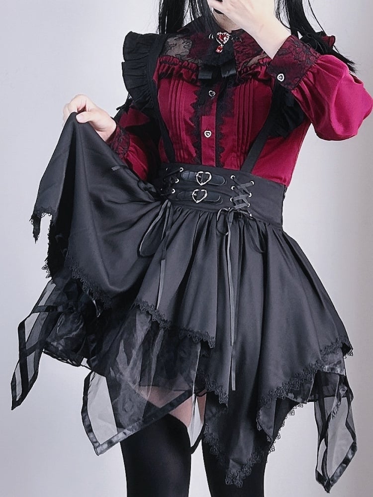 Jirai Kei Black High-Waisted Handkerchief Hem Tiered Skirt Landmine Style Overall Dress