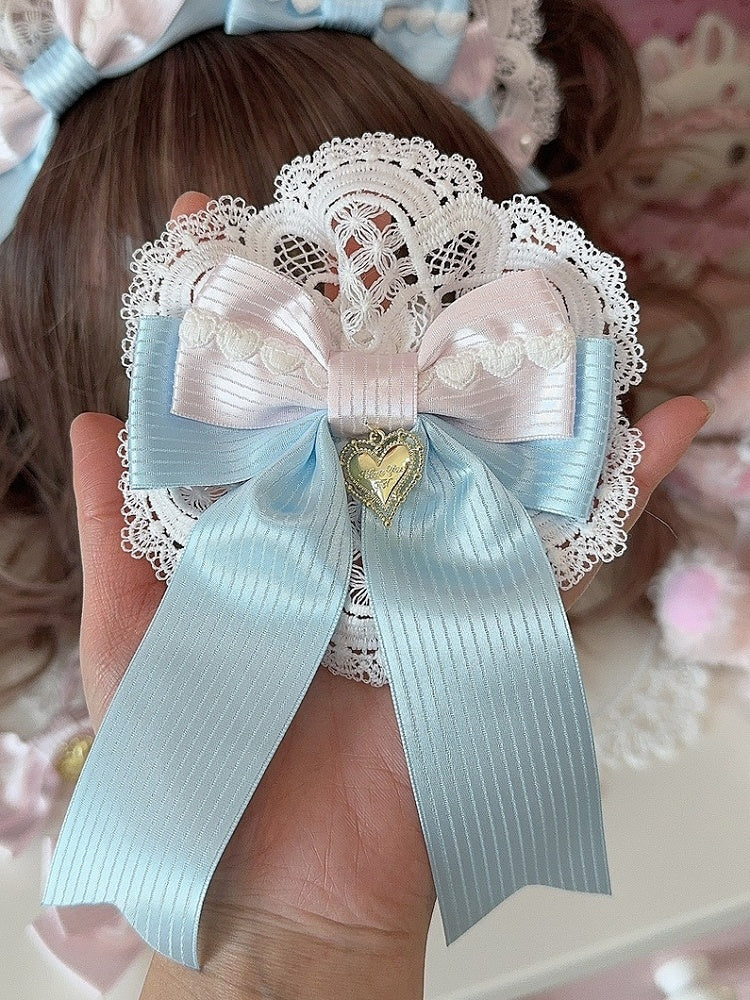 Heart WhiteBlue Charm Hairclip Detail Lace Bowknot