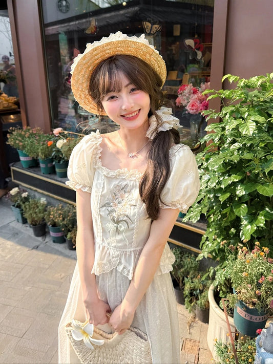 Beige Square Ruffled Blouse Trim Neckline Puff Sleeves Lily Embroidery Lace