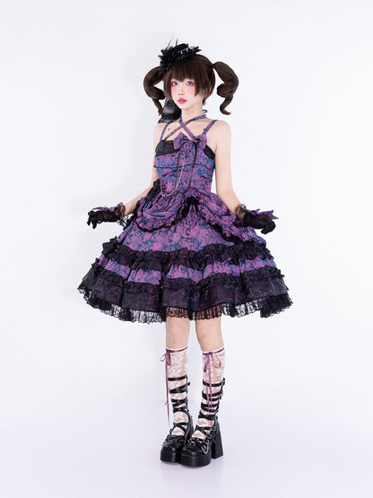 Purple & Black Bowknot Pearl Chain Halter JSK Dress