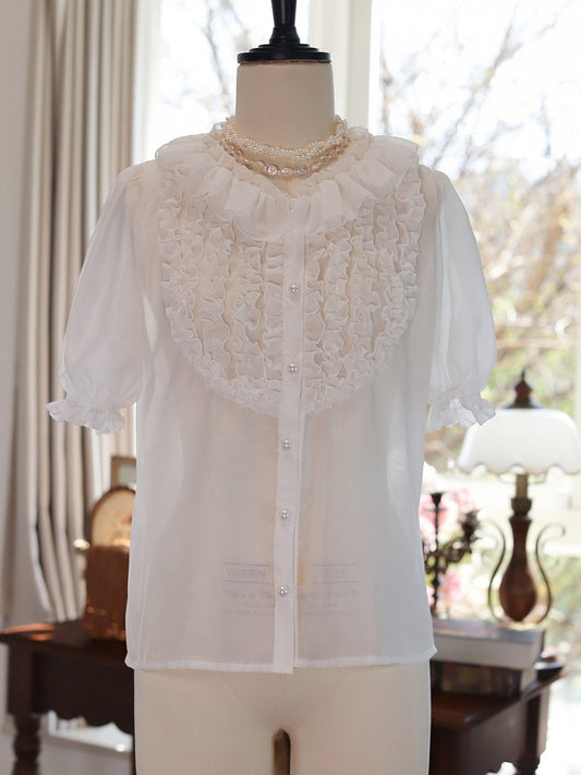 Sheer Short Sleeve Blouse with Pleats - Tiny Garden