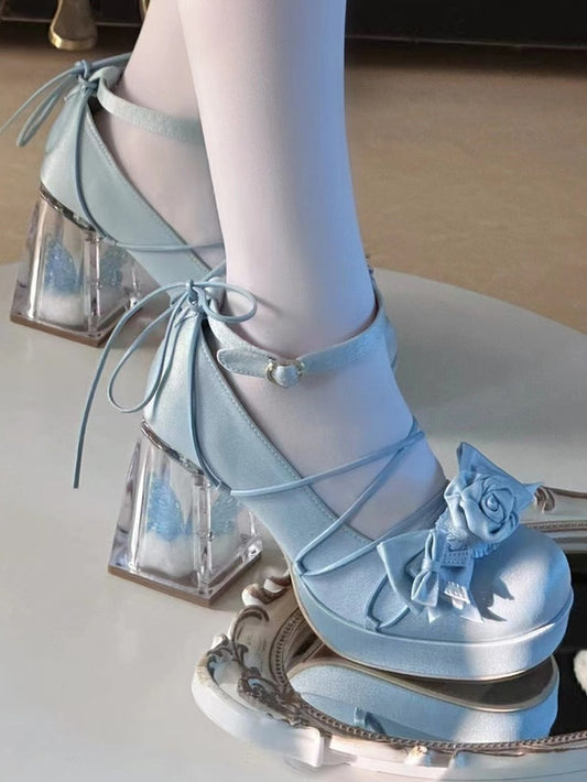 Sweet - Platform for Blue PU Bow with Lolita Floral Leather Shoes Heel