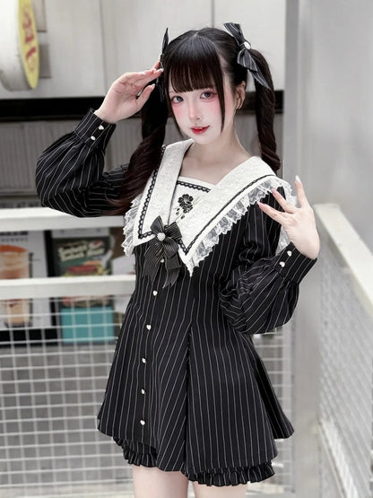 Black Striped Sailor Collar Long-Sleeve Dress with Cherry Blossom Embroidery and Matching Shorts - Dream Core Waves