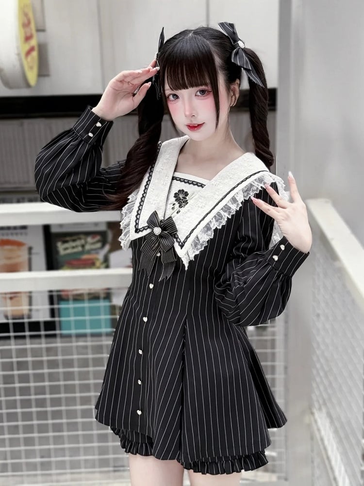 Striped Lace Trim Sailor Collar Dress with Cherry Blossom Embroidery, Shorts and Bow Tie in Black - Dream Core Waves