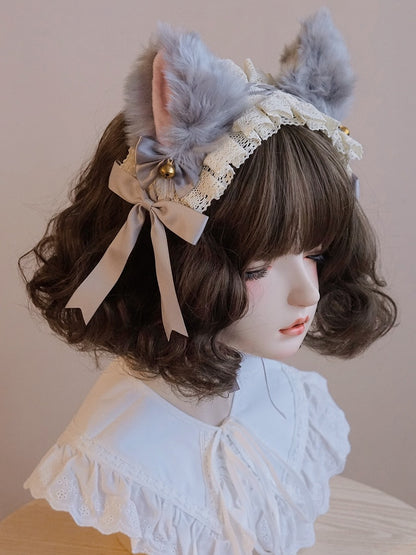 耳飾りヘアバンド レース フォックス 蝶結び グレーのディテール ベル装飾