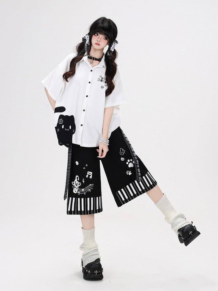 Piano Key Print White Wide-Leg Pants with Belt - CRAZY GIRL