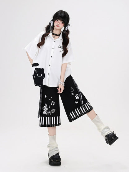 Piano Key Print White Wide-Leg Pants with Belt - CRAZY GIRL