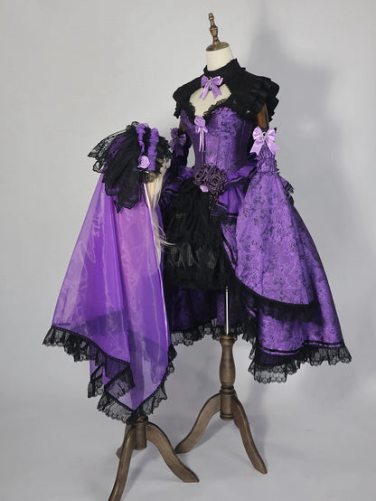 Purple Black Gothic Corset Ensemble Skirt Collar Bell Sleeves Set - Somnium Isle