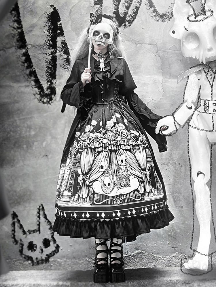 Sizes Cat Dark Plus Skeleton Black Lolita Available Skirt Print Gothic