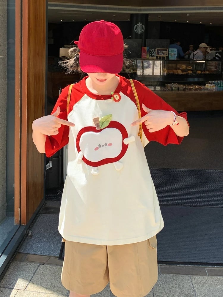 赤と白のカラーブロックデザインTシャツ アップル