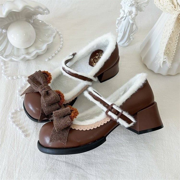 Chocolate Regular/Thicken Scalloped with Version - Sweet Bear-themed Lolita Trim Low/Mid Bow Removable Ornate Heels