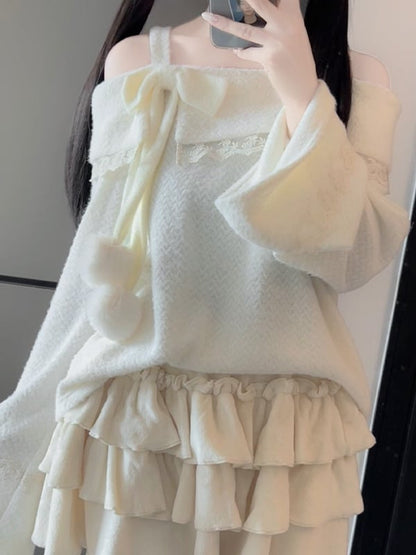 ベージュの蝶結びレースディテールのプラッシュトップ、アプリコットのフリルトリム、膝上丈のティアードスカートセット