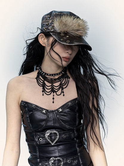 スタッドディテール付きダークレッドブラウンパンクハット