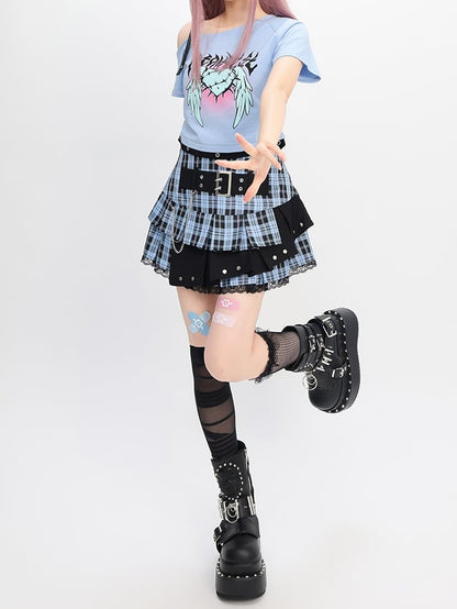 ウィングスプリント Y2K ライトブルー アシンメトリーネックライン ハート＆Tシャツ