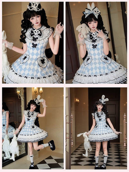 OP Alice im Wunderland Vibes Süßes Lolita-Kleid mit blauem Rautenmuster