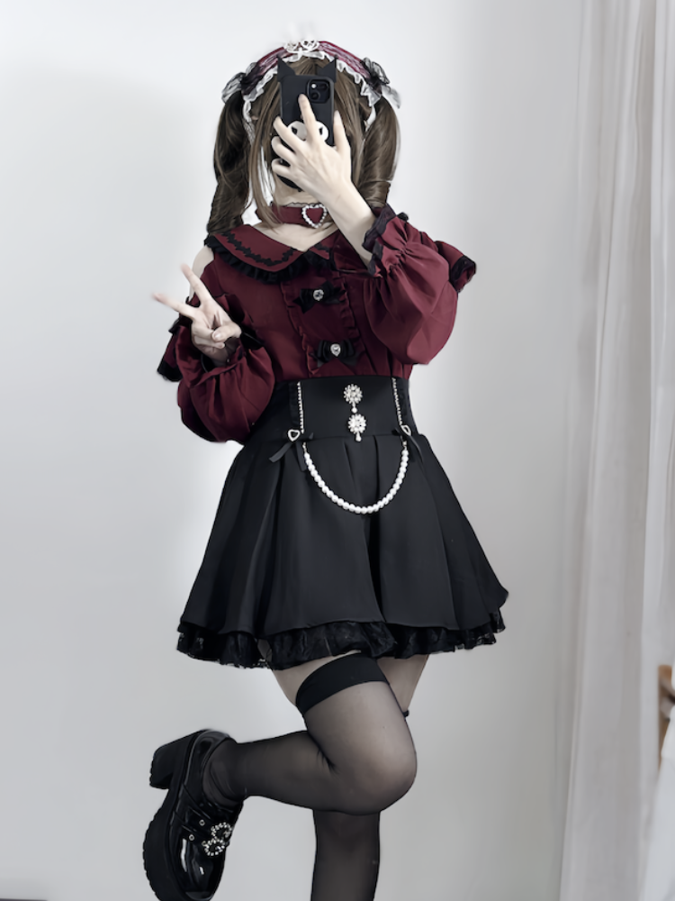 ジライケイ ピーターパンカラー カットアウトショルダー コントラスト 取り外し可能チョーカートリム ブラウス ブラック ワインレッド デザインレース