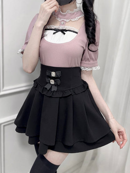 Ärmel Jirai Kei Dusty Bluse Rosa Stehkragen Cutout Vorne Kurz