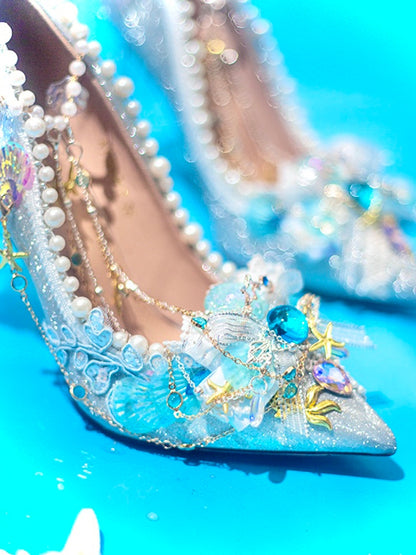 7.5CM/10.5CM Silver Rhinestone Decorated High Beaded And Heels Toe Details Conch Pointed