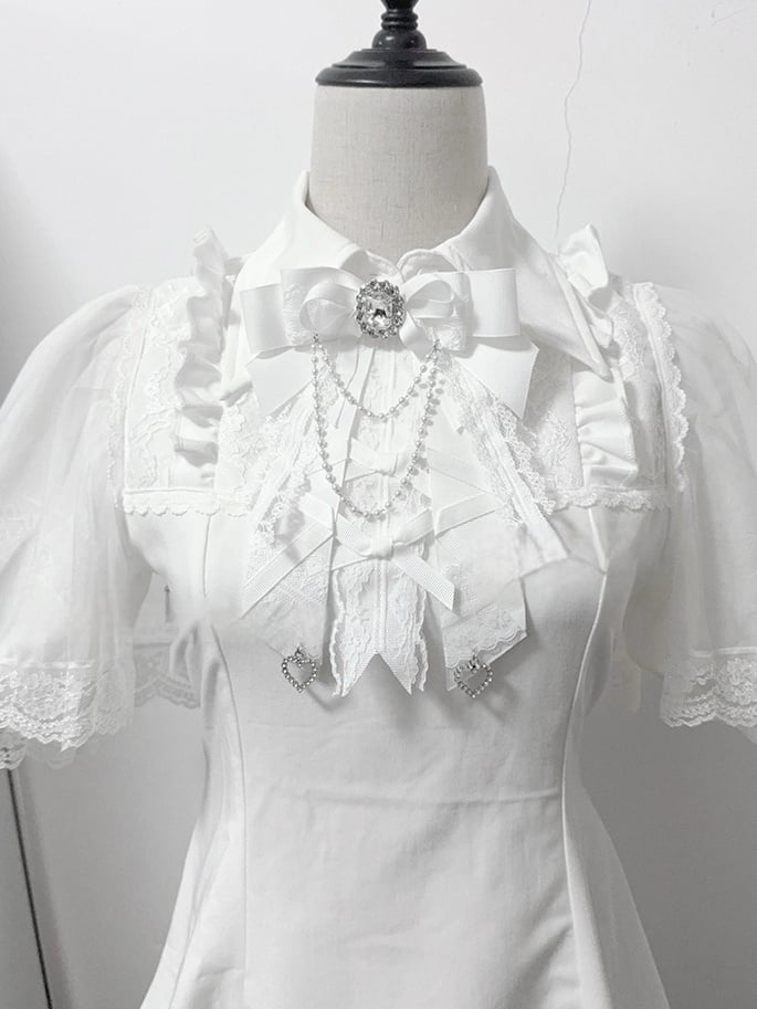 Bow with Bib Beaded Chains Tie White Jirai Kei