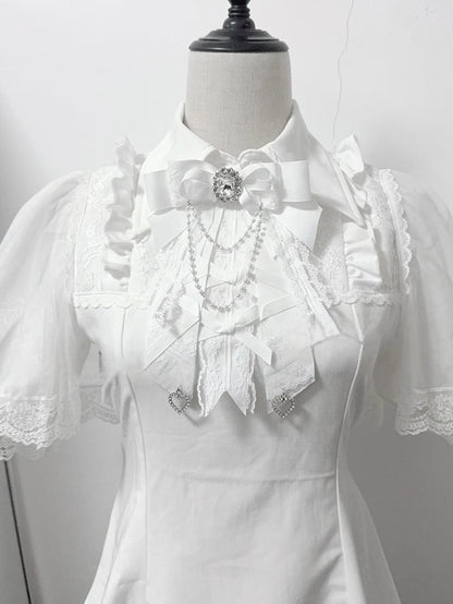 Bow with Bib Beaded Chains Tie White Jirai Kei