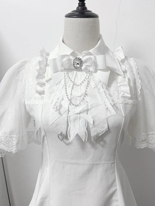 Bow with Bib Beaded Chains Tie White Jirai Kei
