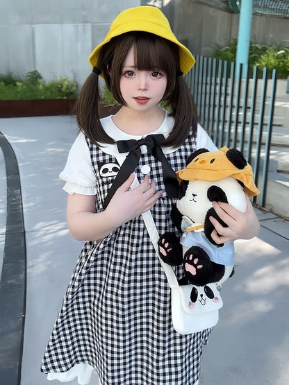 黒と白のパンダ柄ピーターパンカラーのチェック柄ショートパフスリーブドレス