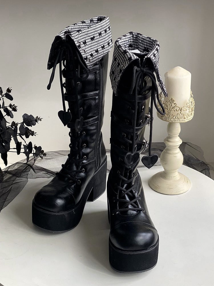 Fold-over Black Cuff Boots Platform Heel Block