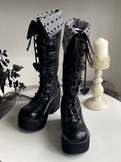 Fold-over Black Cuff Boots Platform Heel Block