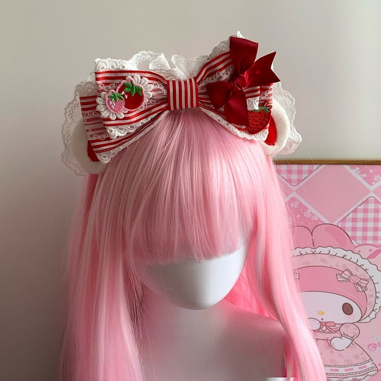 Oversized KC Theme Bowknot Bunny Ear Strawberry Striped Sweet