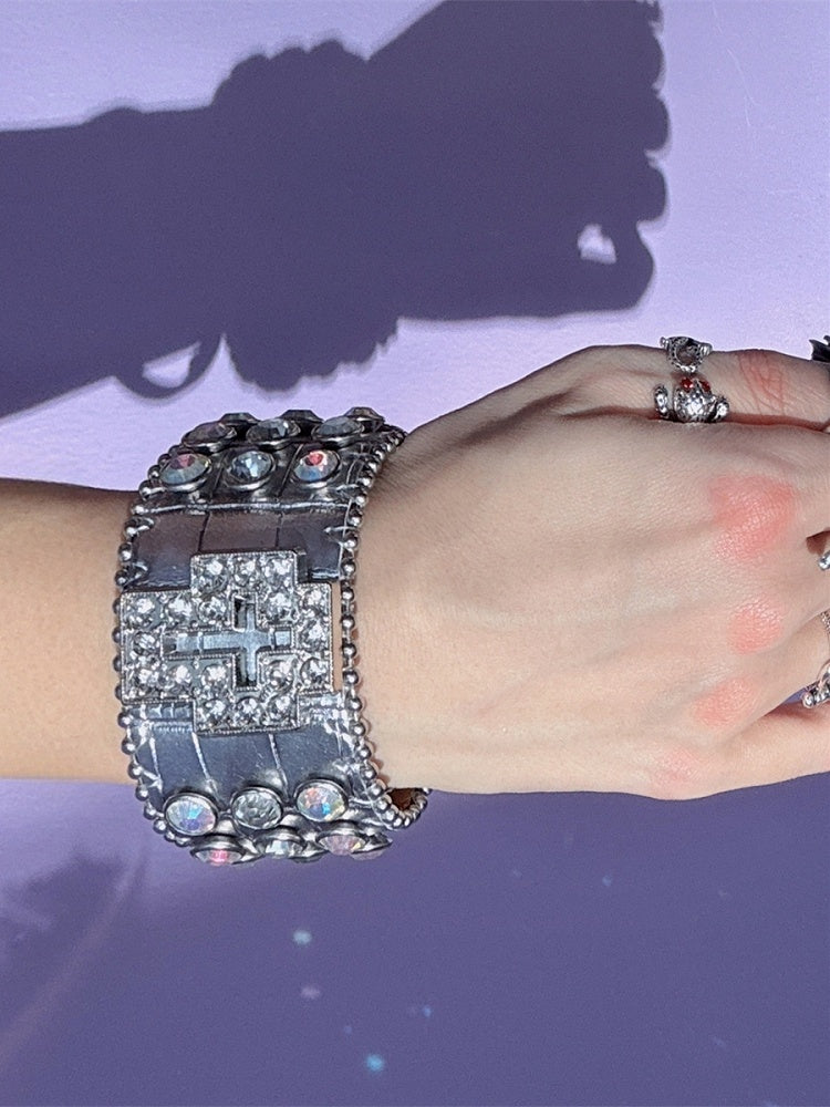 Red/Black/Silver Wristband Y2K Rhinestone Bracelet Decorated Cross Design