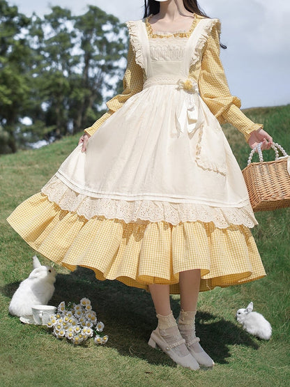 Gelbes Stück Süßes Lolita Taillenkleid Bischof Plaid Ärmel Hohe