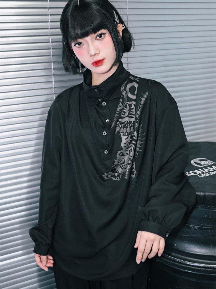 Blouse Cheongsam Five-Poison Ruched with Gothic Black Print Draping